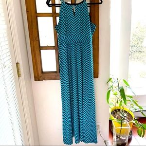 Loft Aqua Turquoise/Navy Blue Halter Neck Chevron Striped Maxi Dress Size US S